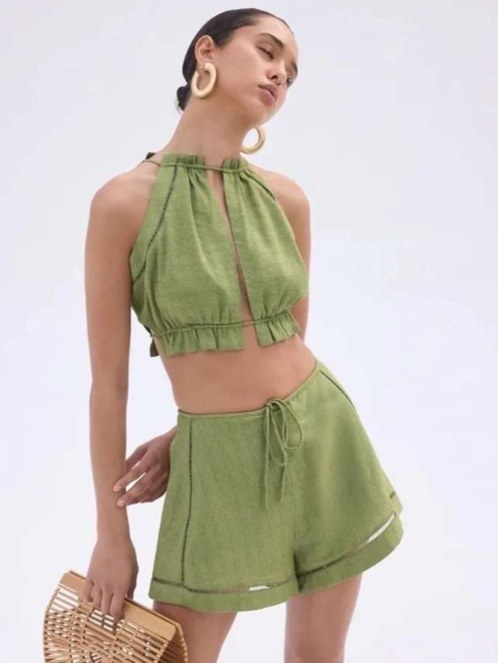 cult gaia Green Knit Halter Crop Top and Shorts Set
